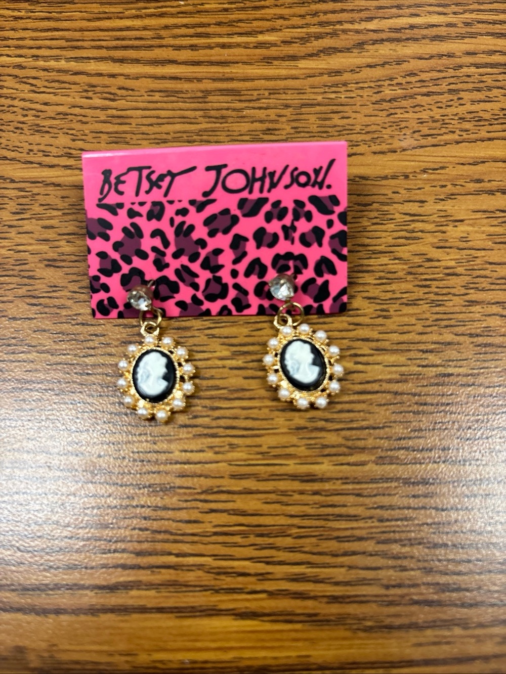 Betsey Johnson Black, White and Gold and Pearl Cameo Drop Earrings